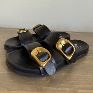 Jellypop Womens 6.5M Black Gold Buckle Jaylana Slip On Comfort Slide Sandals